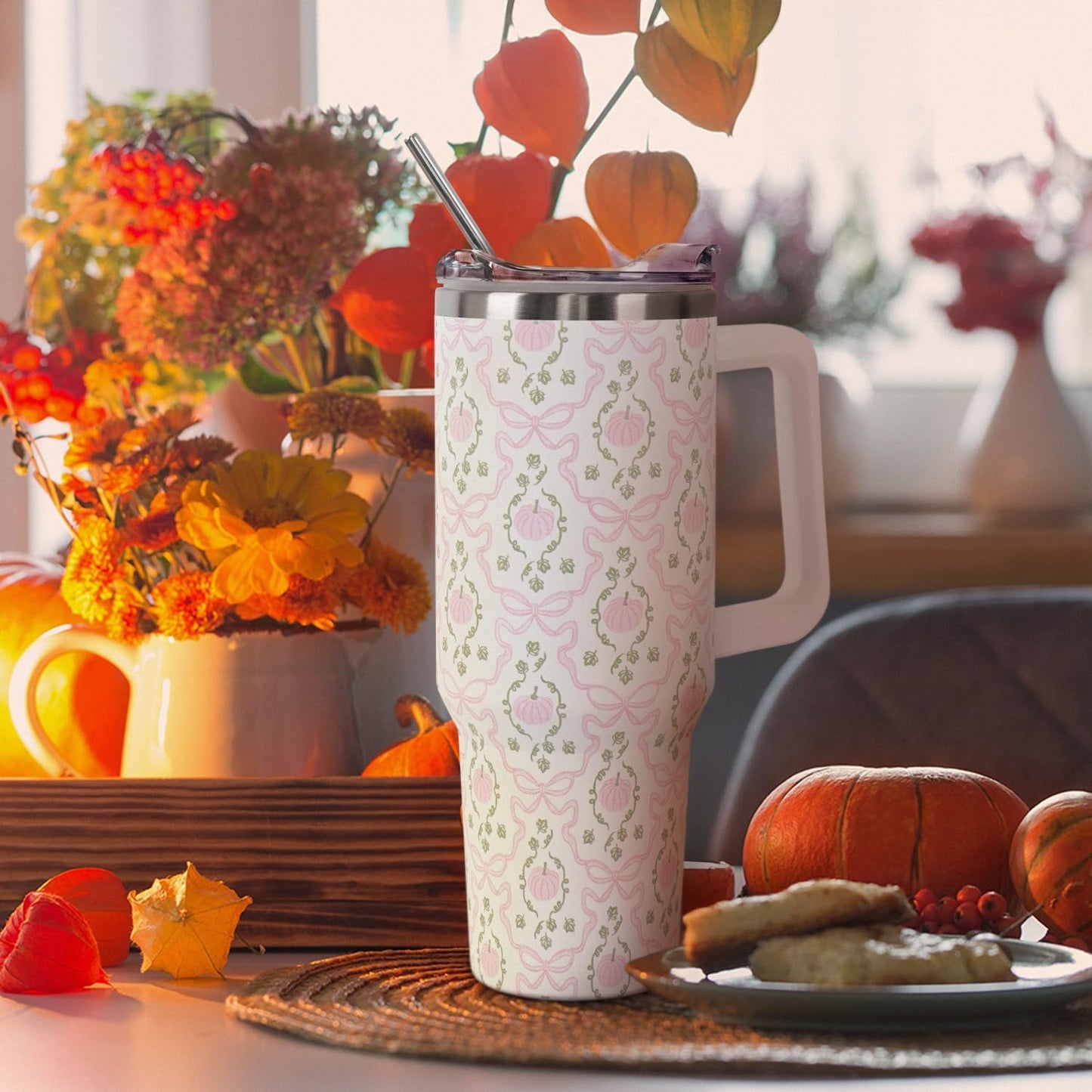 Floral Lemon Tumbler with Handle and Straw Lid 40 oz,Cute Spring Summer Gift for Women Men Lemon Leaves Vacuum Insulated Leak Proof Stainless Steel Coffee Cup Mug