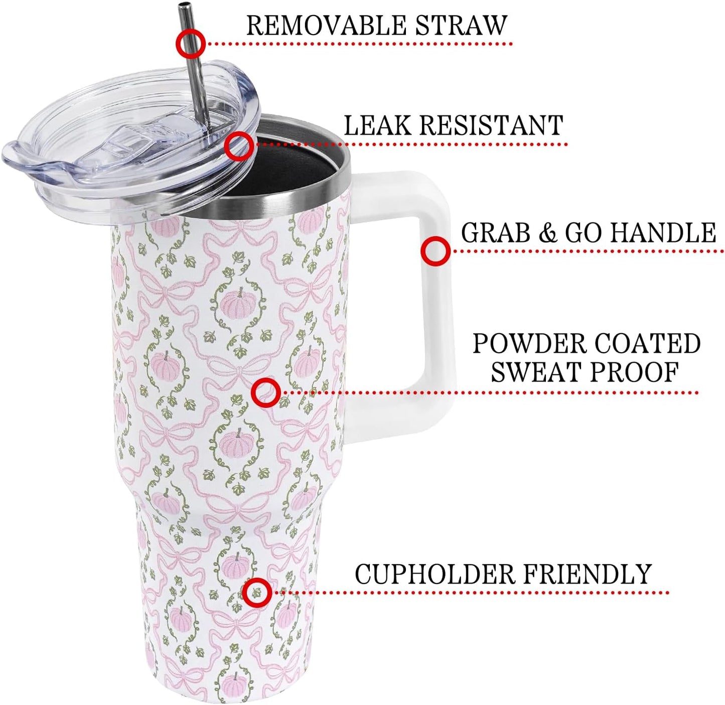Floral Lemon Tumbler with Handle and Straw Lid 40 oz,Cute Spring Summer Gift for Women Men Lemon Leaves Vacuum Insulated Leak Proof Stainless Steel Coffee Cup Mug