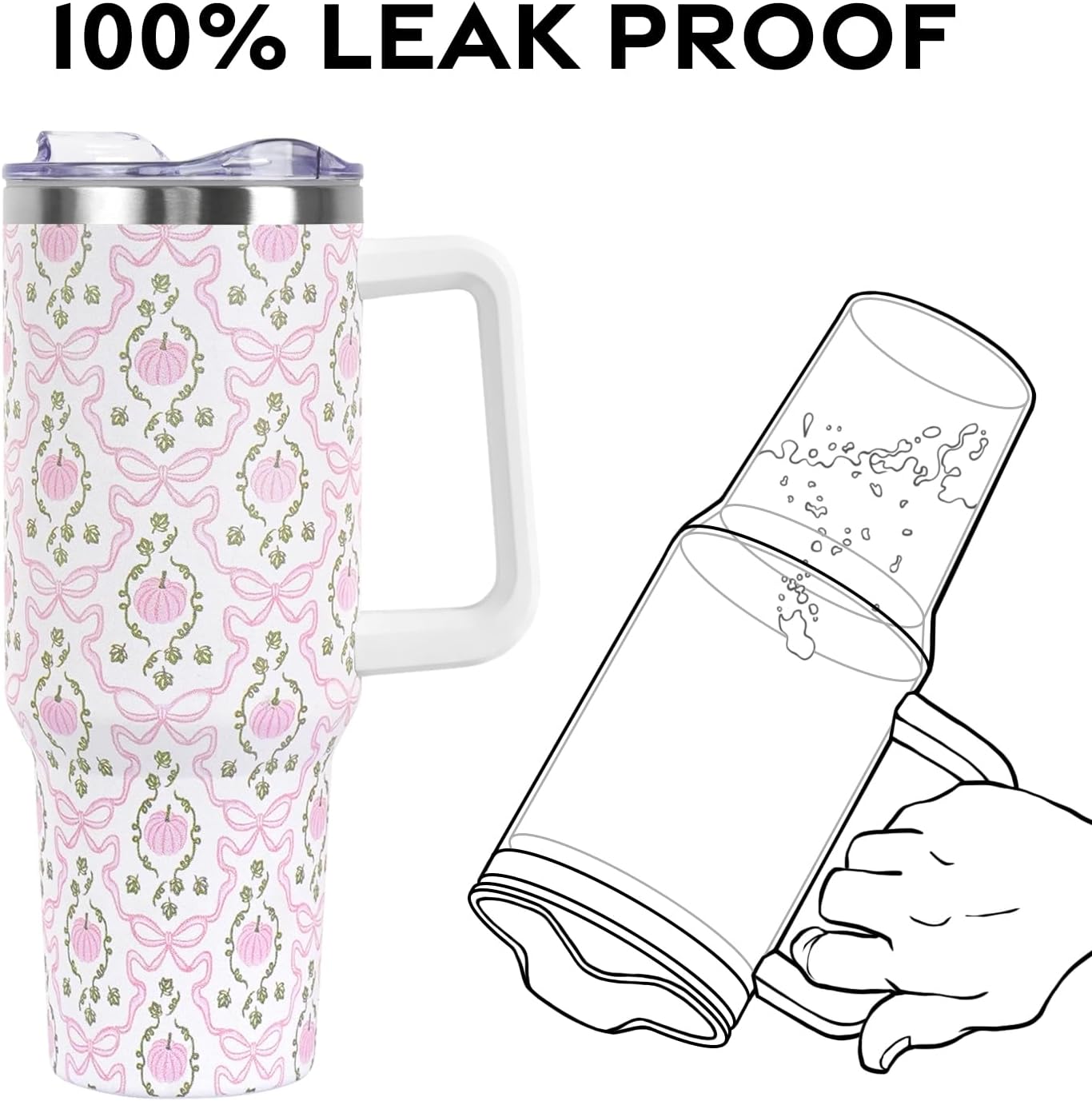 Floral Lemon Tumbler with Handle and Straw Lid 40 oz,Cute Spring Summer Gift for Women Men Lemon Leaves Vacuum Insulated Leak Proof Stainless Steel Coffee Cup Mug