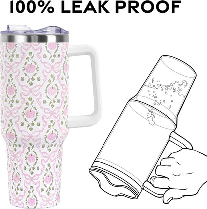 Floral Lemon Tumbler with Handle and Straw Lid 40 oz,Cute Spring Summer Gift for Women Men Lemon Leaves Vacuum Insulated Leak Proof Stainless Steel Coffee Cup Mug