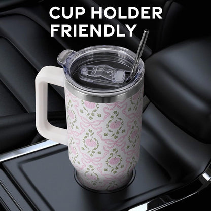 Floral Lemon Tumbler with Handle and Straw Lid 40 oz,Cute Spring Summer Gift for Women Men Lemon Leaves Vacuum Insulated Leak Proof Stainless Steel Coffee Cup Mug