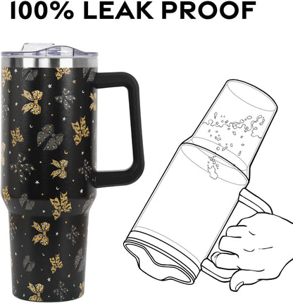 Floral Lemon Tumbler with Handle and Straw Lid 40 oz,Cute Spring Summer Gift for Women Men Lemon Leaves Vacuum Insulated Leak Proof Stainless Steel Coffee Cup Mug