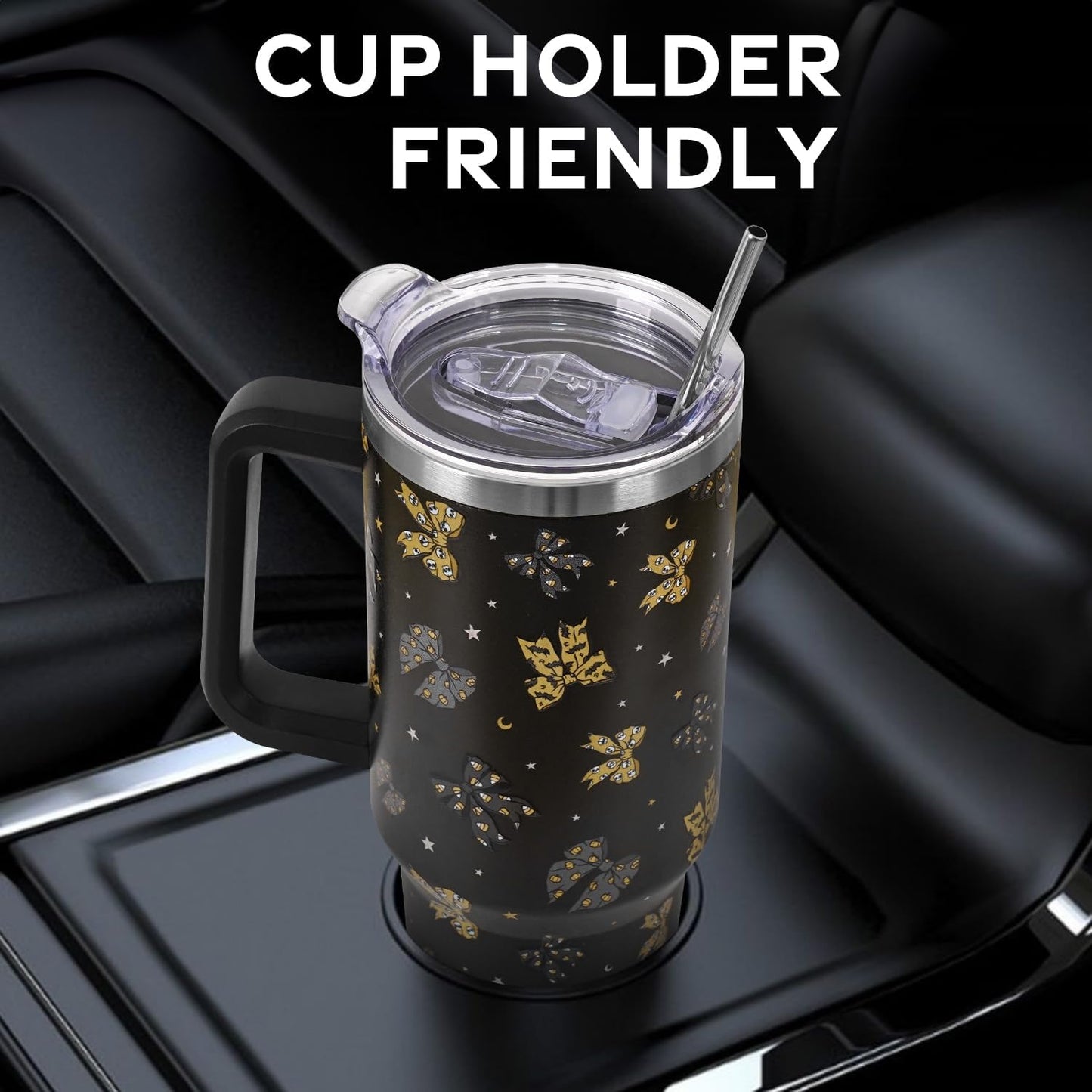 Floral Lemon Tumbler with Handle and Straw Lid 40 oz,Cute Spring Summer Gift for Women Men Lemon Leaves Vacuum Insulated Leak Proof Stainless Steel Coffee Cup Mug
