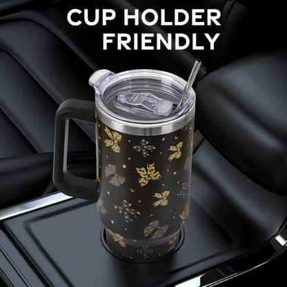 Floral Lemon Tumbler with Handle and Straw Lid 40 oz,Cute Spring Summer Gift for Women Men Lemon Leaves Vacuum Insulated Leak Proof Stainless Steel Coffee Cup Mug
