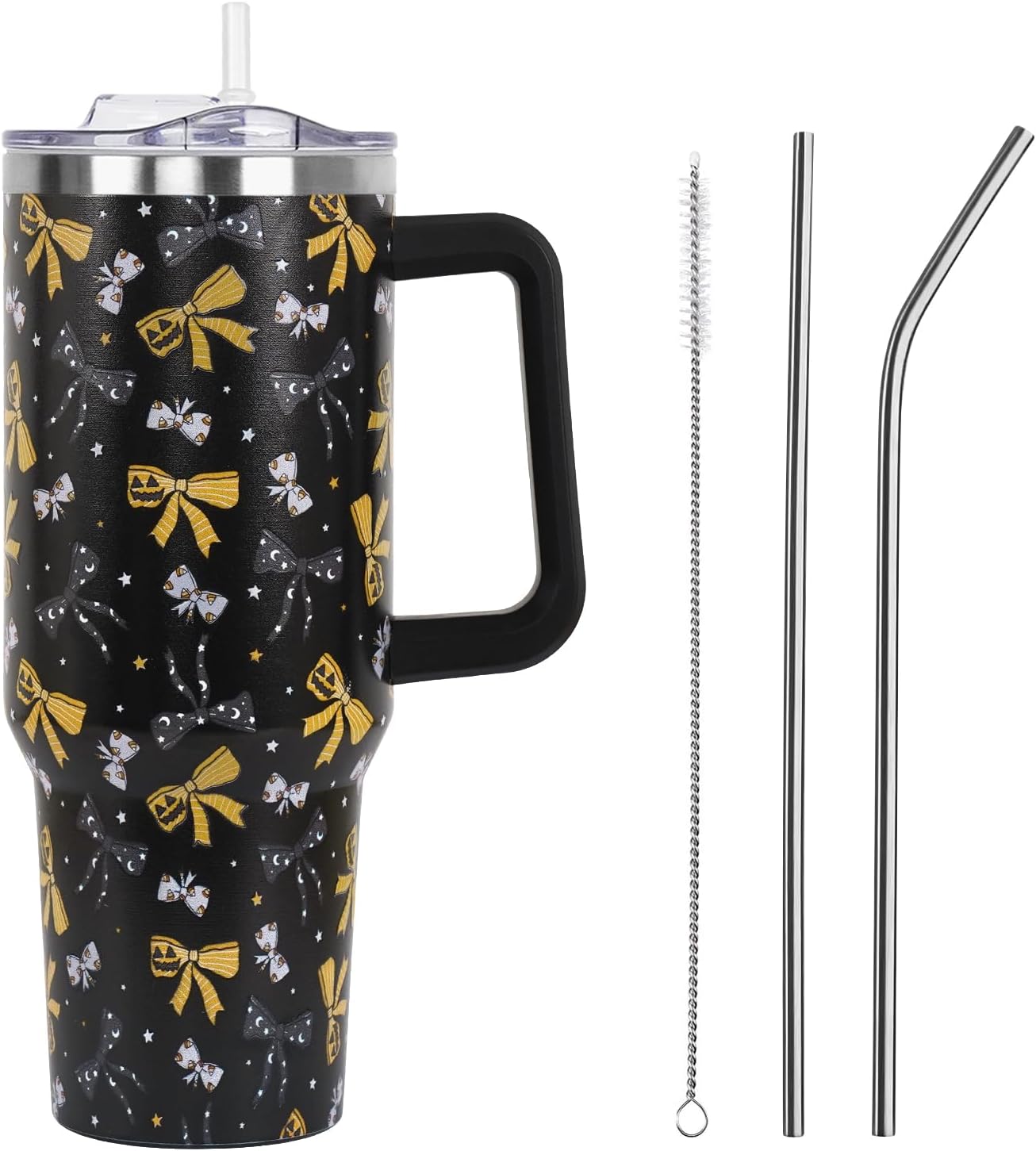 Floral Lemon Tumbler with Handle and Straw Lid 40 oz,Cute Spring Summer Gift for Women Men Lemon Leaves Vacuum Insulated Leak Proof Stainless Steel Coffee Cup Mug