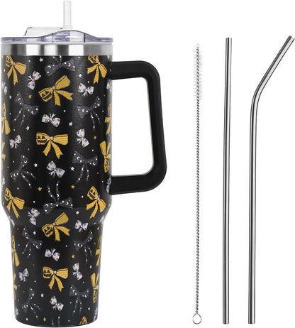 Floral Lemon Tumbler with Handle and Straw Lid 40 oz,Cute Spring Summer Gift for Women Men Lemon Leaves Vacuum Insulated Leak Proof Stainless Steel Coffee Cup Mug