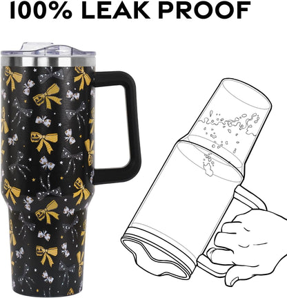 Floral Lemon Tumbler with Handle and Straw Lid 40 oz,Cute Spring Summer Gift for Women Men Lemon Leaves Vacuum Insulated Leak Proof Stainless Steel Coffee Cup Mug