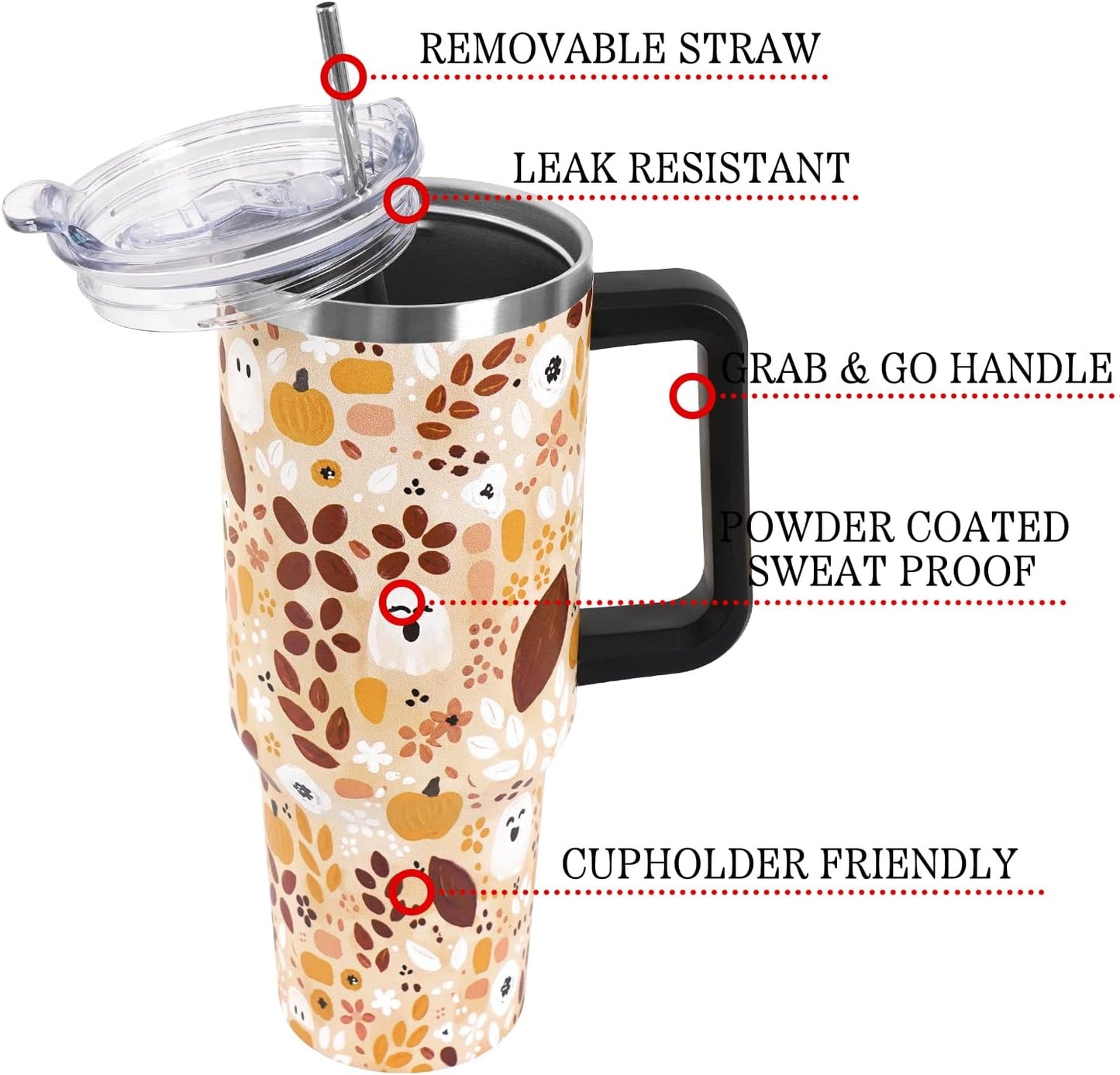 Floral Lemon Tumbler with Handle and Straw Lid 40 oz,Cute Spring Summer Gift for Women Men Lemon Leaves Vacuum Insulated Leak Proof Stainless Steel Coffee Cup Mug