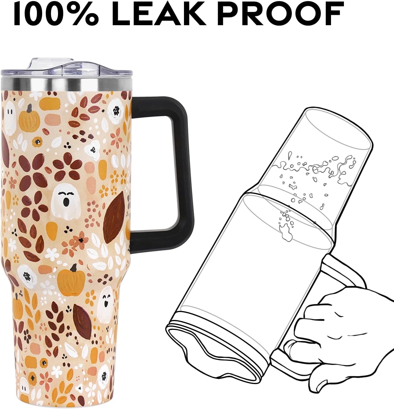 Floral Lemon Tumbler with Handle and Straw Lid 40 oz,Cute Spring Summer Gift for Women Men Lemon Leaves Vacuum Insulated Leak Proof Stainless Steel Coffee Cup Mug