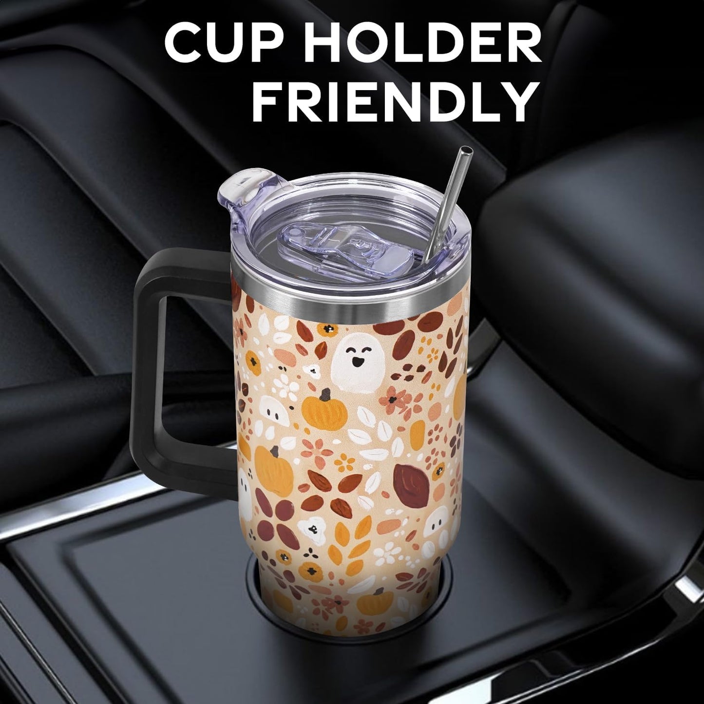 Floral Lemon Tumbler with Handle and Straw Lid 40 oz,Cute Spring Summer Gift for Women Men Lemon Leaves Vacuum Insulated Leak Proof Stainless Steel Coffee Cup Mug