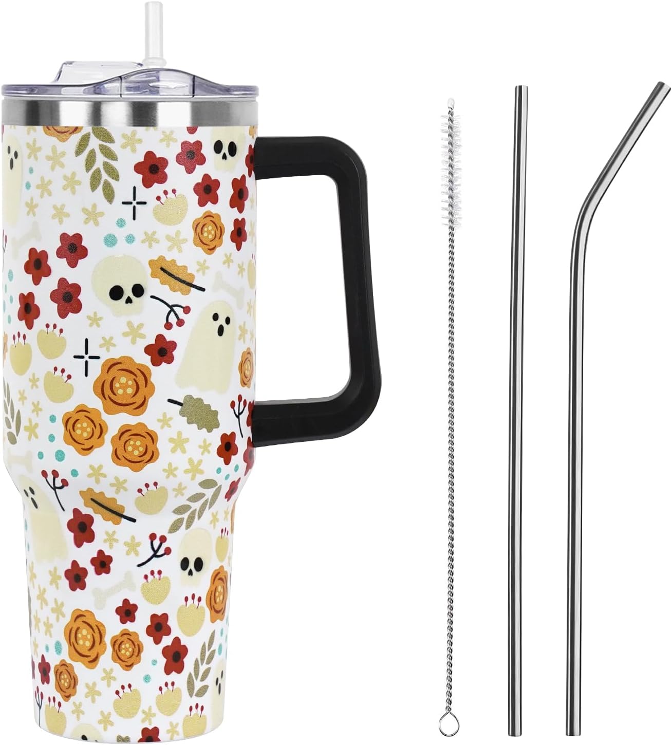 Floral Lemon Tumbler with Handle and Straw Lid 40 oz,Cute Spring Summer Gift for Women Men Lemon Leaves Vacuum Insulated Leak Proof Stainless Steel Coffee Cup Mug