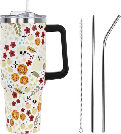 Floral Lemon Tumbler with Handle and Straw Lid 40 oz,Cute Spring Summer Gift for Women Men Lemon Leaves Vacuum Insulated Leak Proof Stainless Steel Coffee Cup Mug