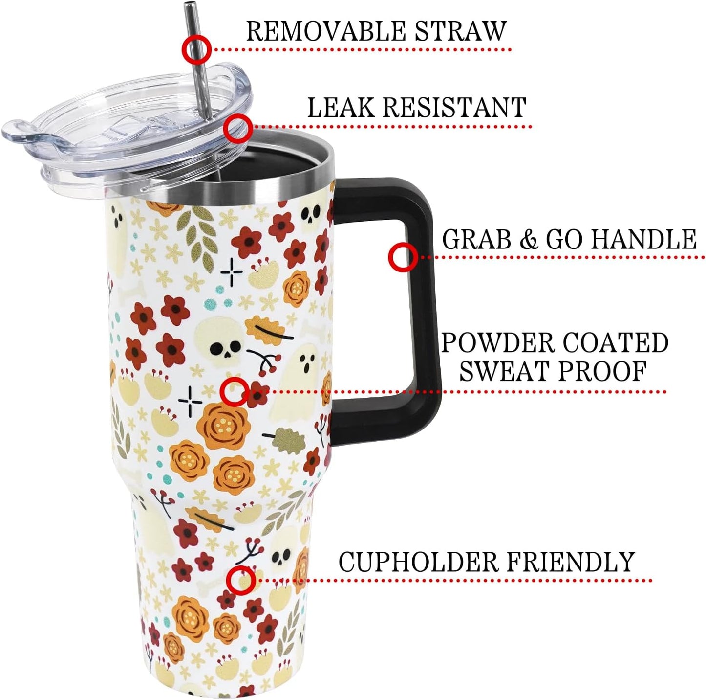 Floral Lemon Tumbler with Handle and Straw Lid 40 oz,Cute Spring Summer Gift for Women Men Lemon Leaves Vacuum Insulated Leak Proof Stainless Steel Coffee Cup Mug