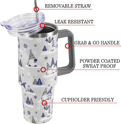Floral Lemon Tumbler with Handle and Straw Lid 40 oz,Cute Spring Summer Gift for Women Men Lemon Leaves Vacuum Insulated Leak Proof Stainless Steel Coffee Cup Mug