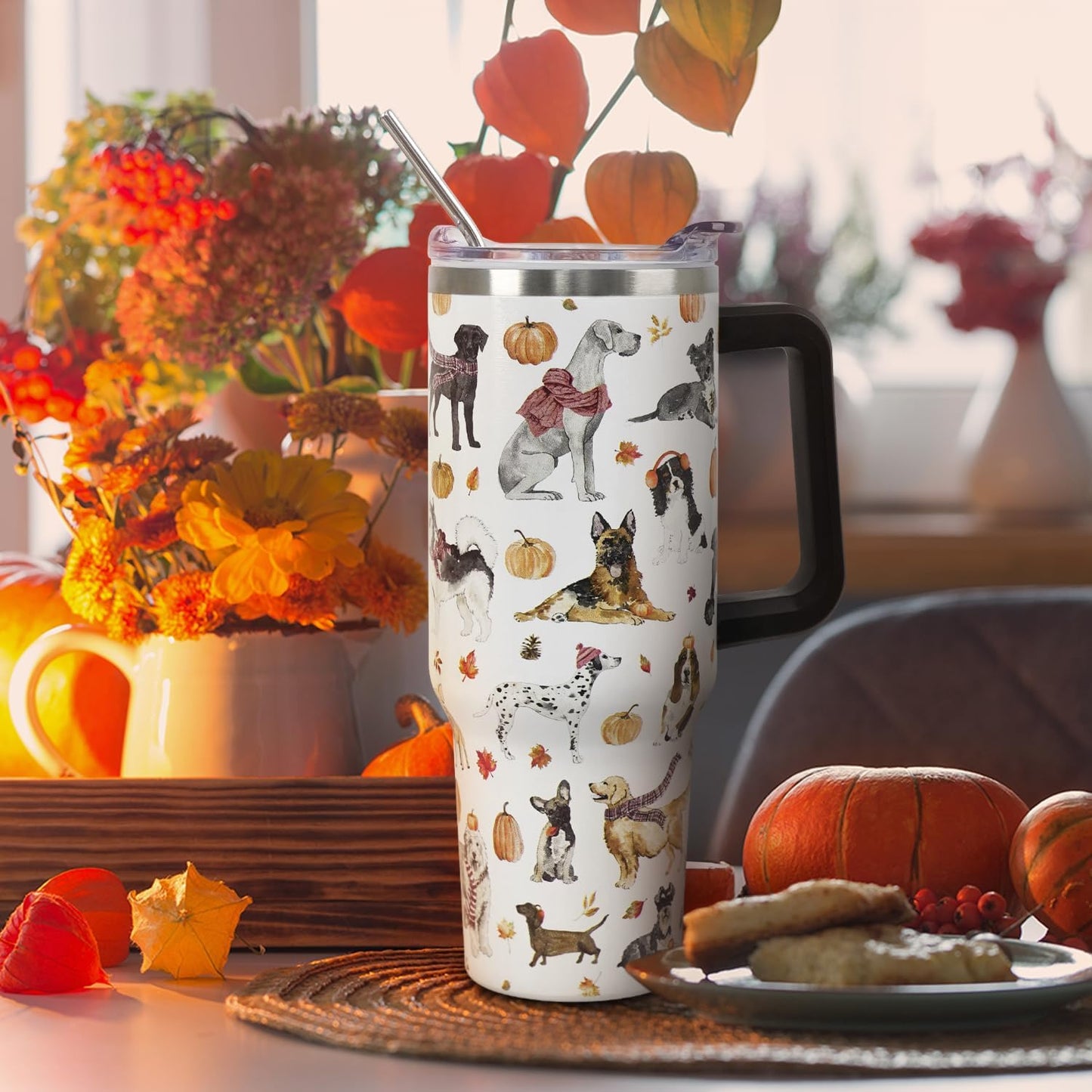 Floral Lemon Tumbler with Handle and Straw Lid 40 oz,Cute Spring Summer Gift for Women Men Lemon Leaves Vacuum Insulated Leak Proof Stainless Steel Coffee Cup Mug