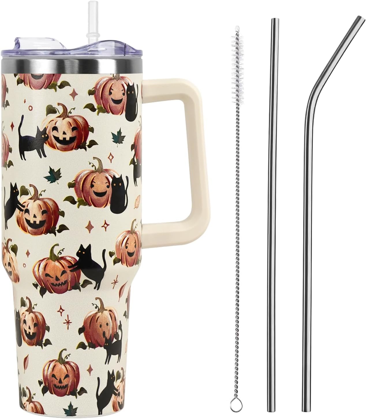 Floral Lemon Tumbler with Handle and Straw Lid 40 oz,Cute Spring Summer Gift for Women Men Lemon Leaves Vacuum Insulated Leak Proof Stainless Steel Coffee Cup Mug