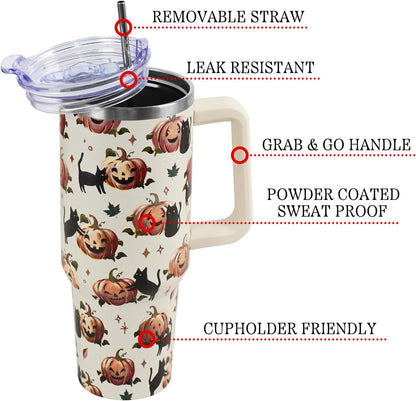Floral Lemon Tumbler with Handle and Straw Lid 40 oz,Cute Spring Summer Gift for Women Men Lemon Leaves Vacuum Insulated Leak Proof Stainless Steel Coffee Cup Mug