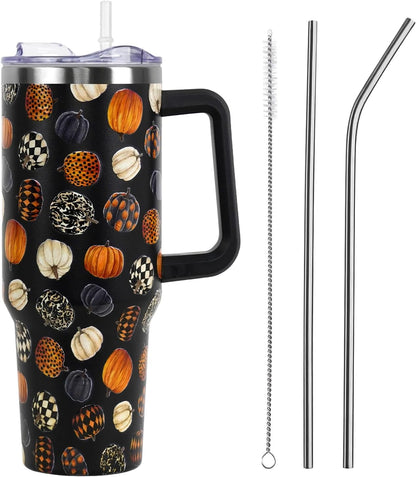 Floral Lemon Tumbler with Handle and Straw Lid 40 oz,Cute Spring Summer Gift for Women Men Lemon Leaves Vacuum Insulated Leak Proof Stainless Steel Coffee Cup Mug