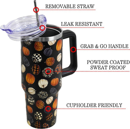 Floral Lemon Tumbler with Handle and Straw Lid 40 oz,Cute Spring Summer Gift for Women Men Lemon Leaves Vacuum Insulated Leak Proof Stainless Steel Coffee Cup Mug