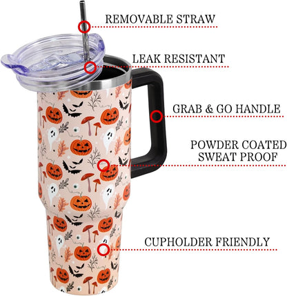 Floral Lemon Tumbler with Handle and Straw Lid 40 oz,Cute Spring Summer Gift for Women Men Lemon Leaves Vacuum Insulated Leak Proof Stainless Steel Coffee Cup Mug