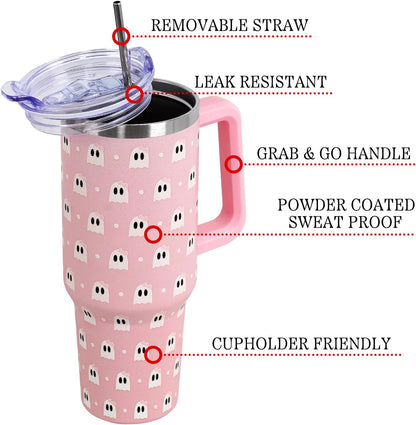 Floral Lemon Tumbler with Handle and Straw Lid 40 oz,Cute Spring Summer Gift for Women Men Lemon Leaves Vacuum Insulated Leak Proof Stainless Steel Coffee Cup Mug