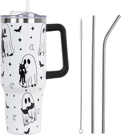 Floral Lemon Tumbler with Handle and Straw Lid 40 oz,Cute Spring Summer Gift for Women Men Lemon Leaves Vacuum Insulated Leak Proof Stainless Steel Coffee Cup Mug