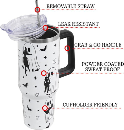 Floral Lemon Tumbler with Handle and Straw Lid 40 oz,Cute Spring Summer Gift for Women Men Lemon Leaves Vacuum Insulated Leak Proof Stainless Steel Coffee Cup Mug