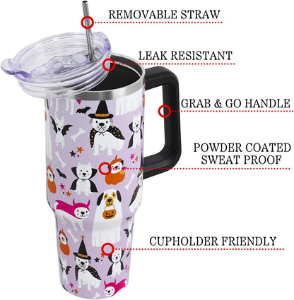 Floral Lemon Tumbler with Handle and Straw Lid 40 oz,Cute Spring Summer Gift for Women Men Lemon Leaves Vacuum Insulated Leak Proof Stainless Steel Coffee Cup Mug