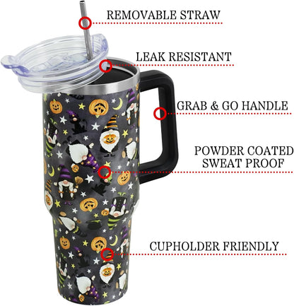 Floral Lemon Tumbler with Handle and Straw Lid 40 oz,Cute Spring Summer Gift for Women Men Lemon Leaves Vacuum Insulated Leak Proof Stainless Steel Coffee Cup Mug