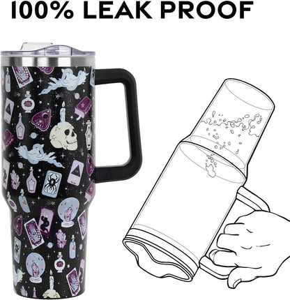 Floral Lemon Tumbler with Handle and Straw Lid 40 oz,Cute Spring Summer Gift for Women Men Lemon Leaves Vacuum Insulated Leak Proof Stainless Steel Coffee Cup Mug