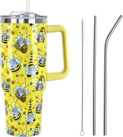 Floral Lemon Tumbler with Handle and Straw Lid 40 oz,Cute Spring Summer Gift for Women Men Lemon Leaves Vacuum Insulated Leak Proof Stainless Steel Coffee Cup Mug
