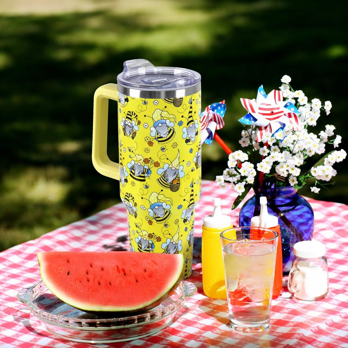 Floral Lemon Tumbler with Handle and Straw Lid 40 oz,Cute Spring Summer Gift for Women Men Lemon Leaves Vacuum Insulated Leak Proof Stainless Steel Coffee Cup Mug