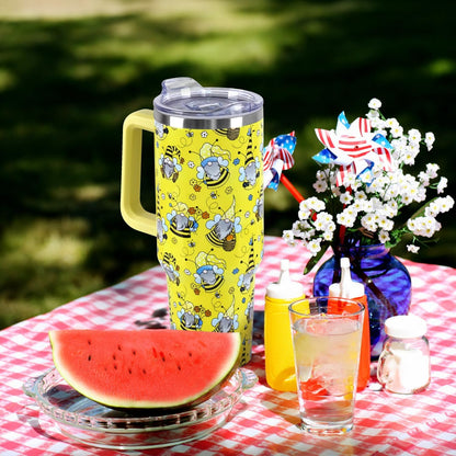 Floral Lemon Tumbler with Handle and Straw Lid 40 oz,Cute Spring Summer Gift for Women Men Lemon Leaves Vacuum Insulated Leak Proof Stainless Steel Coffee Cup Mug