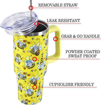 Floral Lemon Tumbler with Handle and Straw Lid 40 oz,Cute Spring Summer Gift for Women Men Lemon Leaves Vacuum Insulated Leak Proof Stainless Steel Coffee Cup Mug
