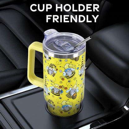 Floral Lemon Tumbler with Handle and Straw Lid 40 oz,Cute Spring Summer Gift for Women Men Lemon Leaves Vacuum Insulated Leak Proof Stainless Steel Coffee Cup Mug