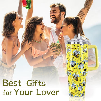 Floral Lemon Tumbler with Handle and Straw Lid 40 oz,Cute Spring Summer Gift for Women Men Lemon Leaves Vacuum Insulated Leak Proof Stainless Steel Coffee Cup Mug