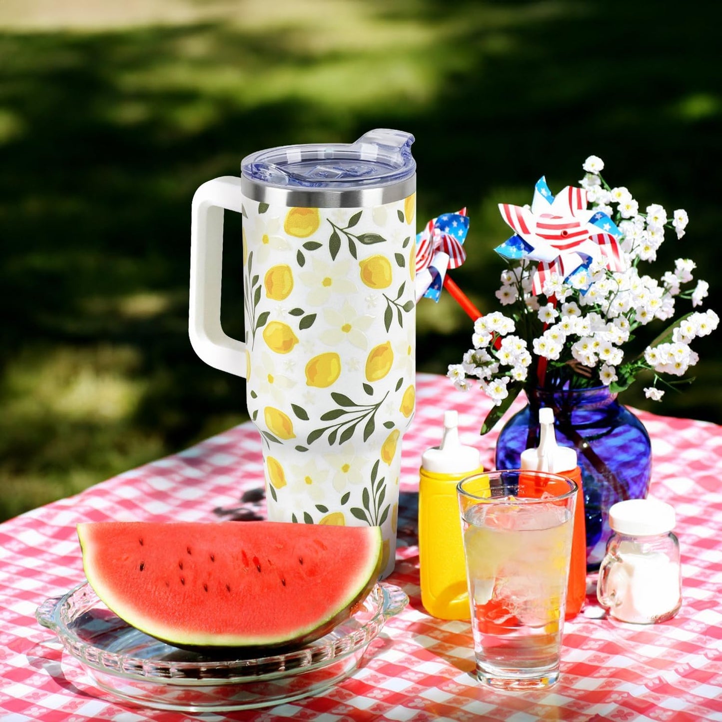Floral Lemon Tumbler with Handle and Straw Lid 40 oz,Cute Spring Summer Gift for Women Men Lemon Leaves Vacuum Insulated Leak Proof Stainless Steel Coffee Cup Mug