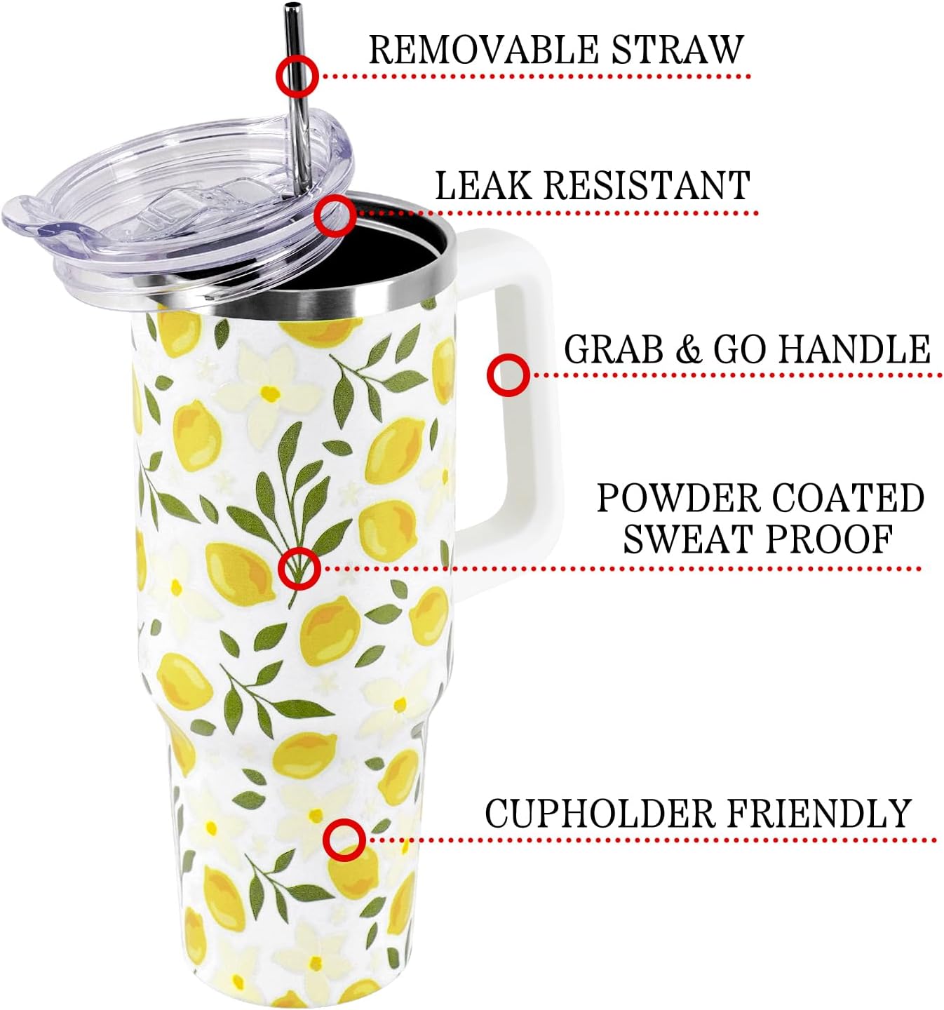 Floral Lemon Tumbler with Handle and Straw Lid 40 oz,Cute Spring Summer Gift for Women Men Lemon Leaves Vacuum Insulated Leak Proof Stainless Steel Coffee Cup Mug
