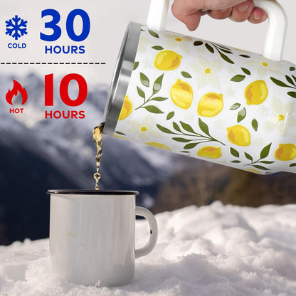 Floral Lemon Tumbler with Handle and Straw Lid 40 oz,Cute Spring Summer Gift for Women Men Lemon Leaves Vacuum Insulated Leak Proof Stainless Steel Coffee Cup Mug