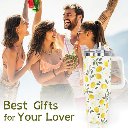 Floral Lemon Tumbler with Handle and Straw Lid 40 oz,Cute Spring Summer Gift for Women Men Lemon Leaves Vacuum Insulated Leak Proof Stainless Steel Coffee Cup Mug