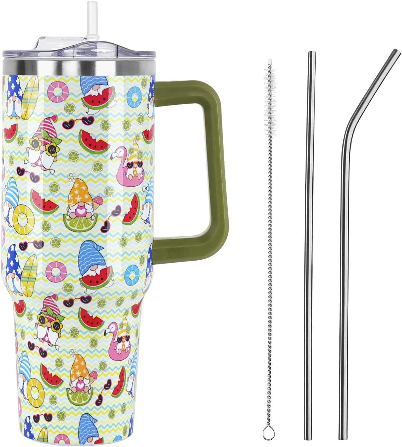 Floral Lemon Tumbler with Handle and Straw Lid 40 oz,Cute Spring Summer Gift for Women Men Lemon Leaves Vacuum Insulated Leak Proof Stainless Steel Coffee Cup Mug