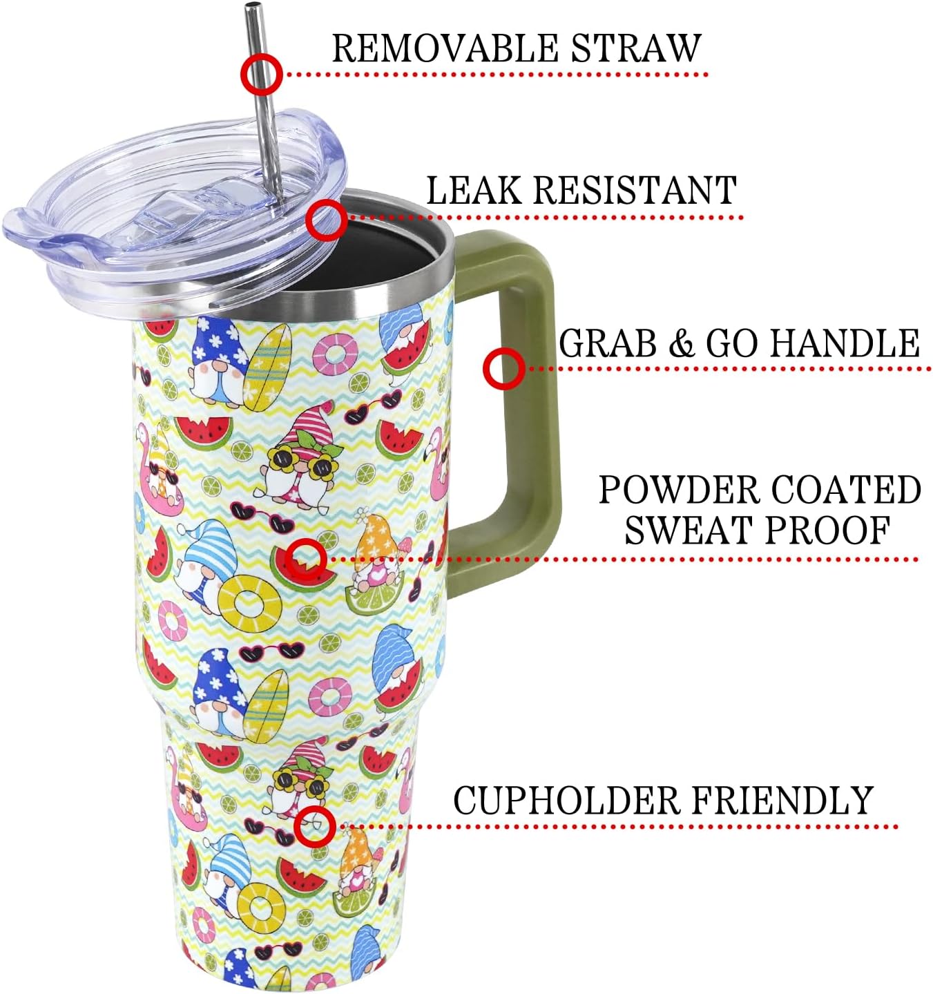 Floral Lemon Tumbler with Handle and Straw Lid 40 oz,Cute Spring Summer Gift for Women Men Lemon Leaves Vacuum Insulated Leak Proof Stainless Steel Coffee Cup Mug