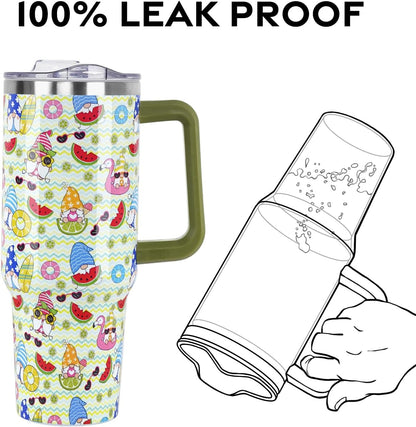 Floral Lemon Tumbler with Handle and Straw Lid 40 oz,Cute Spring Summer Gift for Women Men Lemon Leaves Vacuum Insulated Leak Proof Stainless Steel Coffee Cup Mug