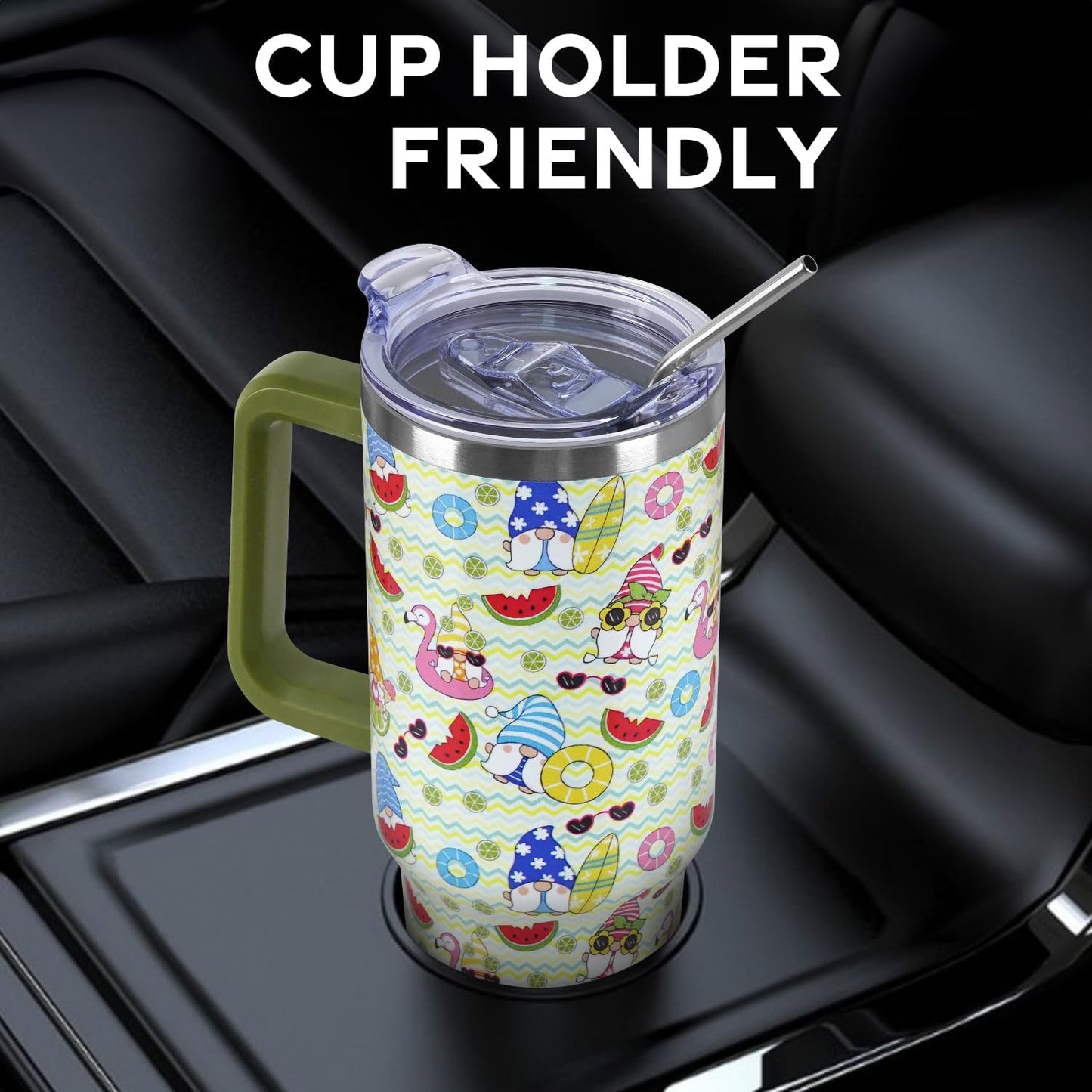 Floral Lemon Tumbler with Handle and Straw Lid 40 oz,Cute Spring Summer Gift for Women Men Lemon Leaves Vacuum Insulated Leak Proof Stainless Steel Coffee Cup Mug