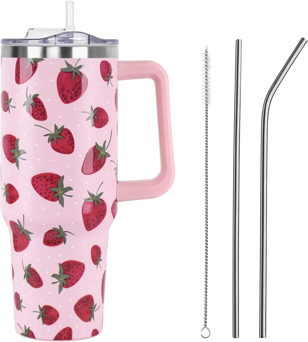 Floral Lemon Tumbler with Handle and Straw Lid 40 oz,Cute Spring Summer Gift for Women Men Lemon Leaves Vacuum Insulated Leak Proof Stainless Steel Coffee Cup Mug