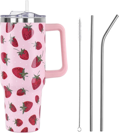 Floral Lemon Tumbler with Handle and Straw Lid 40 oz,Cute Spring Summer Gift for Women Men Lemon Leaves Vacuum Insulated Leak Proof Stainless Steel Coffee Cup Mug