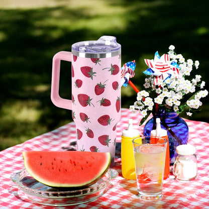 Floral Lemon Tumbler with Handle and Straw Lid 40 oz,Cute Spring Summer Gift for Women Men Lemon Leaves Vacuum Insulated Leak Proof Stainless Steel Coffee Cup Mug