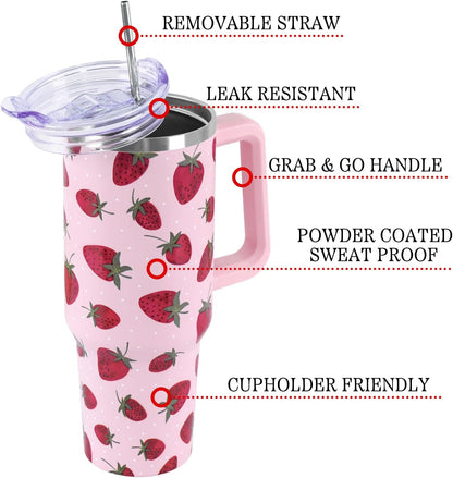 Floral Lemon Tumbler with Handle and Straw Lid 40 oz,Cute Spring Summer Gift for Women Men Lemon Leaves Vacuum Insulated Leak Proof Stainless Steel Coffee Cup Mug
