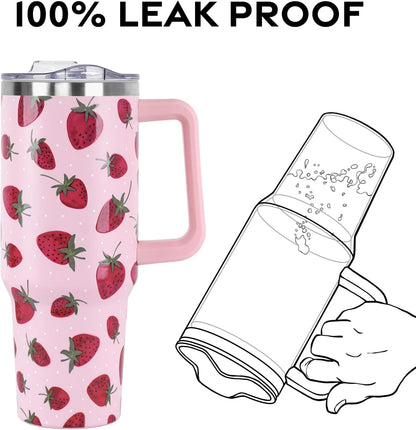 Floral Lemon Tumbler with Handle and Straw Lid 40 oz,Cute Spring Summer Gift for Women Men Lemon Leaves Vacuum Insulated Leak Proof Stainless Steel Coffee Cup Mug