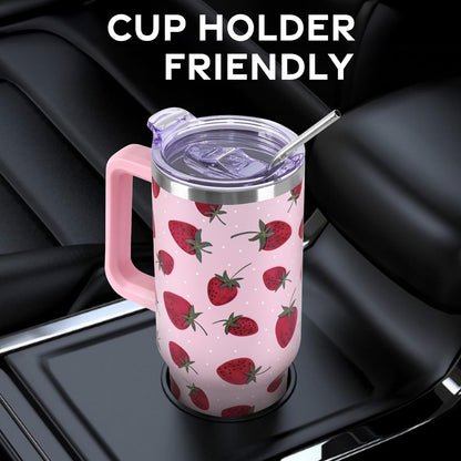 Floral Lemon Tumbler with Handle and Straw Lid 40 oz,Cute Spring Summer Gift for Women Men Lemon Leaves Vacuum Insulated Leak Proof Stainless Steel Coffee Cup Mug